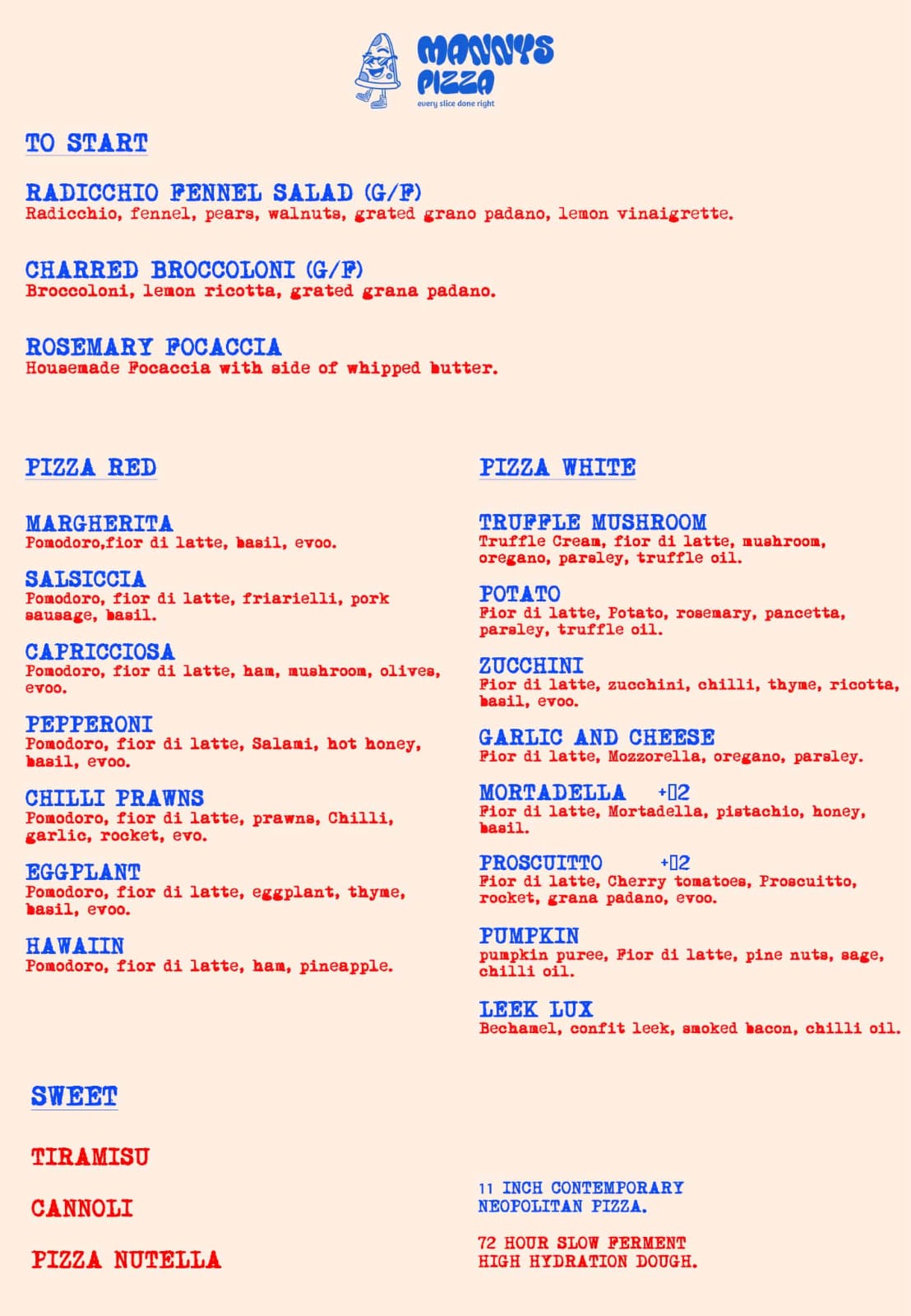 Mannys Pizza Menu