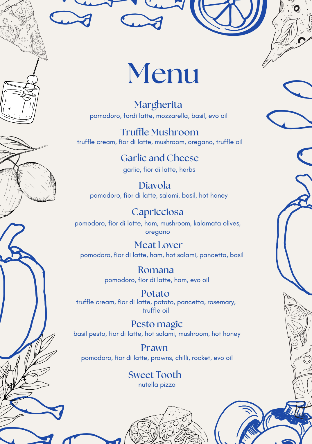 Mannys Pizza Menu